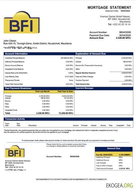 Modèle Word et PDF de relevé hypothécaire de la Banque des Financements Islamiques (BFI) de Mauritanie